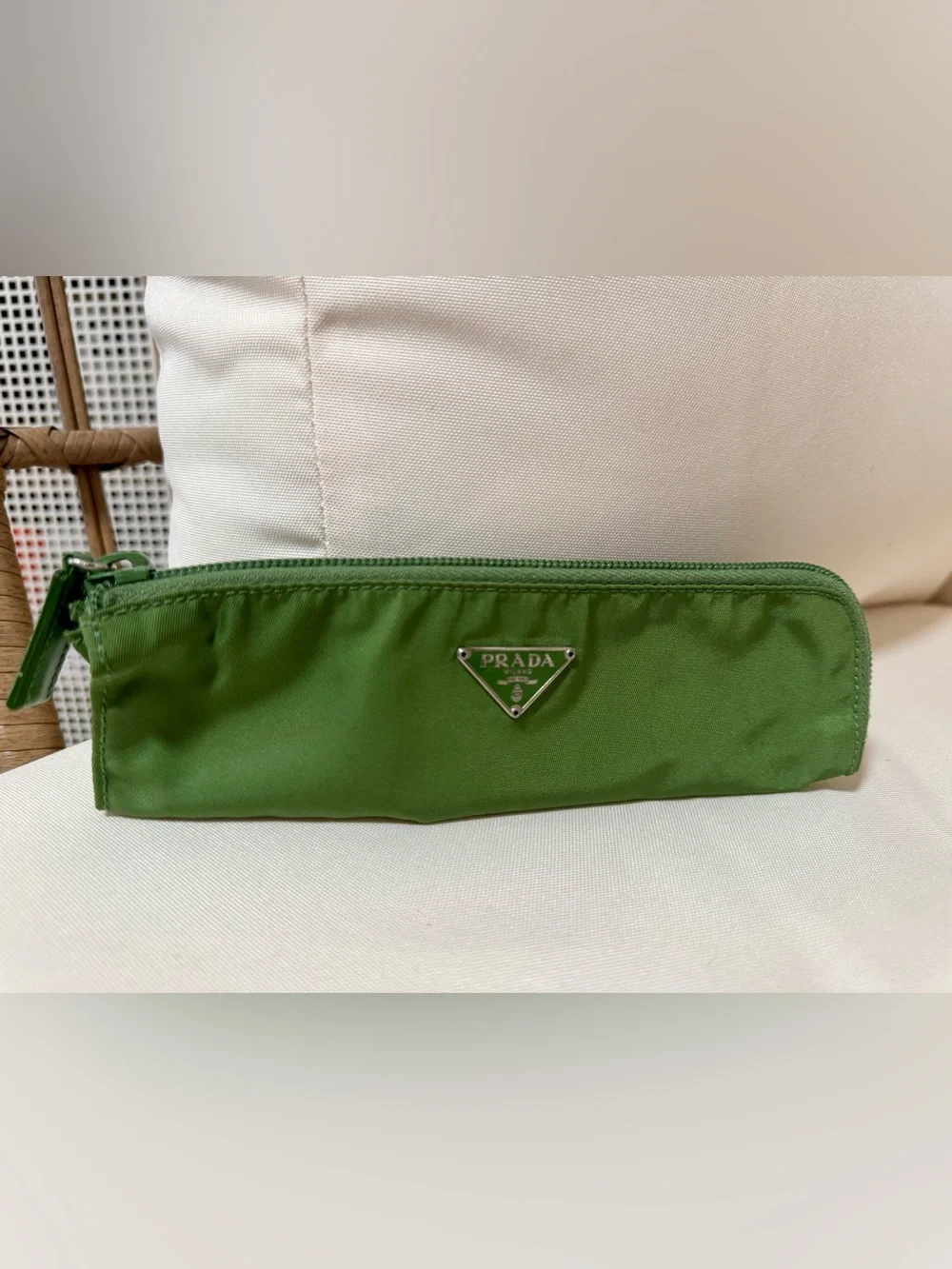 Prada Green Nylon Cosmetic Pouch with Silver Triangle Logo